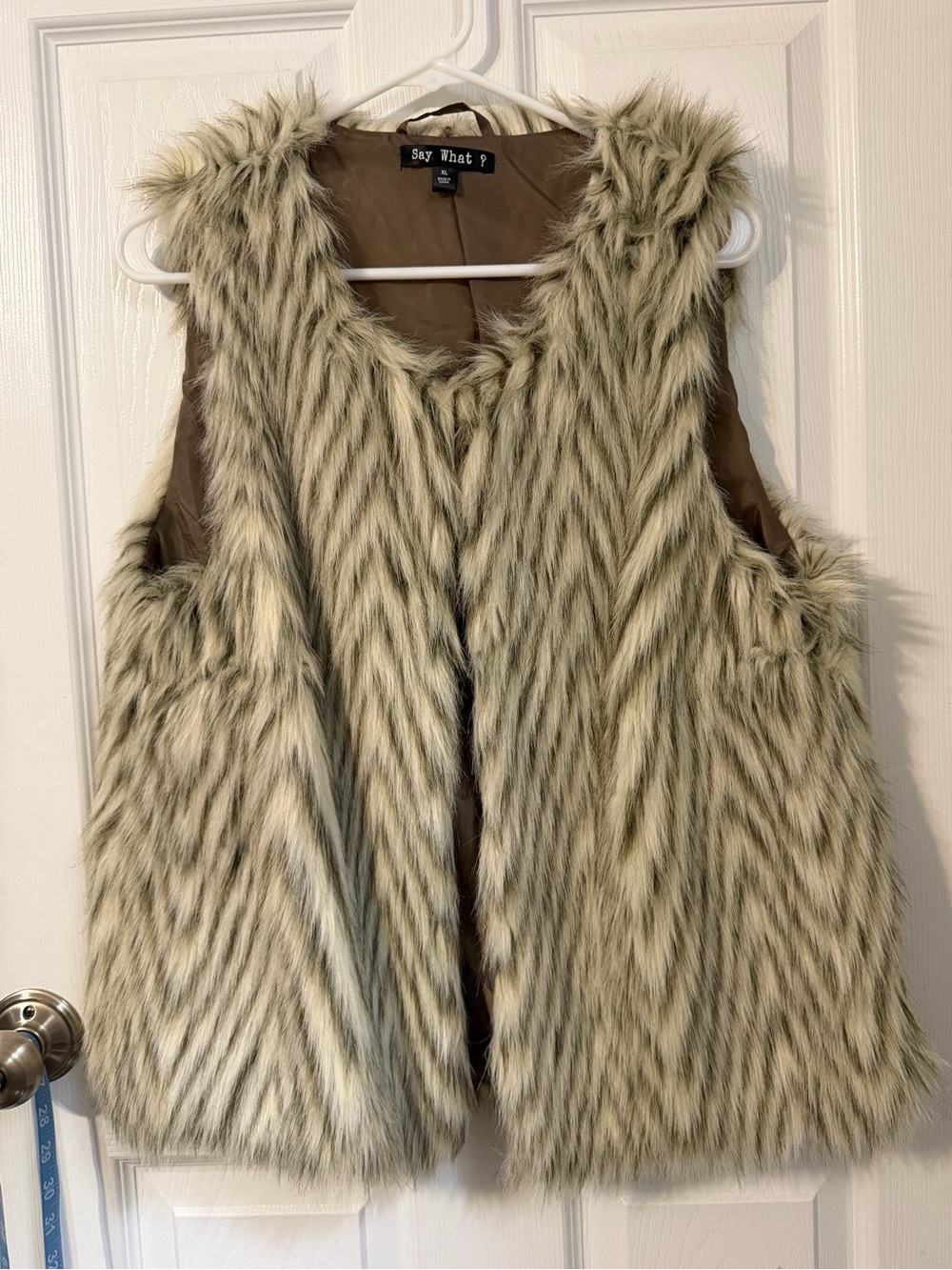 Say What? Faux Fur Sleeveless Vest in Light Taupe with Dark Accents chevron